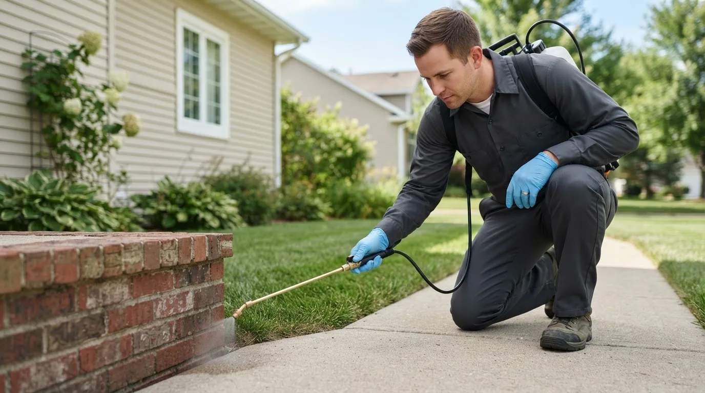 Pest control technician treating a home near Canastota, NY
